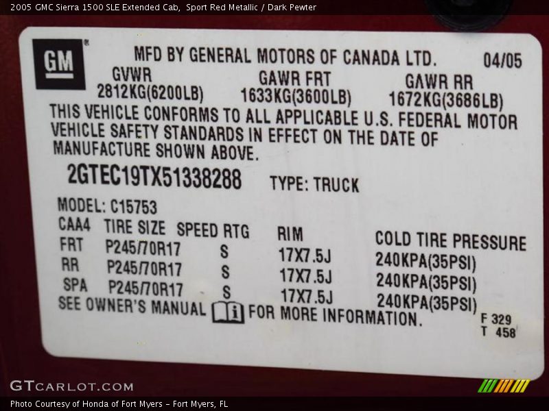 Info Tag of 2005 Sierra 1500 SLE Extended Cab