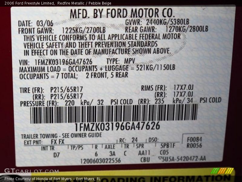 2006 Freestyle Limited Redfire Metallic Color Code FX