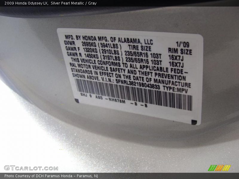 Silver Pearl Metallic / Gray 2009 Honda Odyssey LX