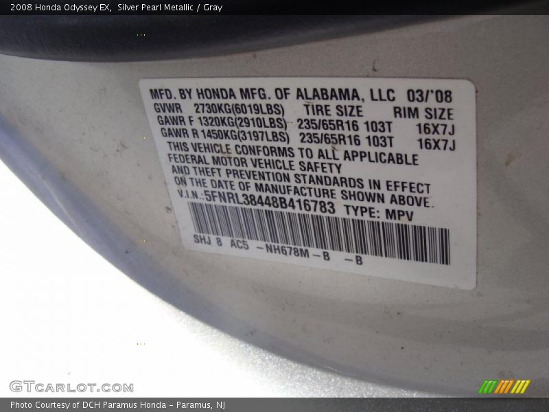 Silver Pearl Metallic / Gray 2008 Honda Odyssey EX
