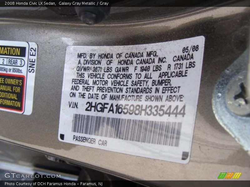 Galaxy Gray Metallic / Gray 2008 Honda Civic LX Sedan