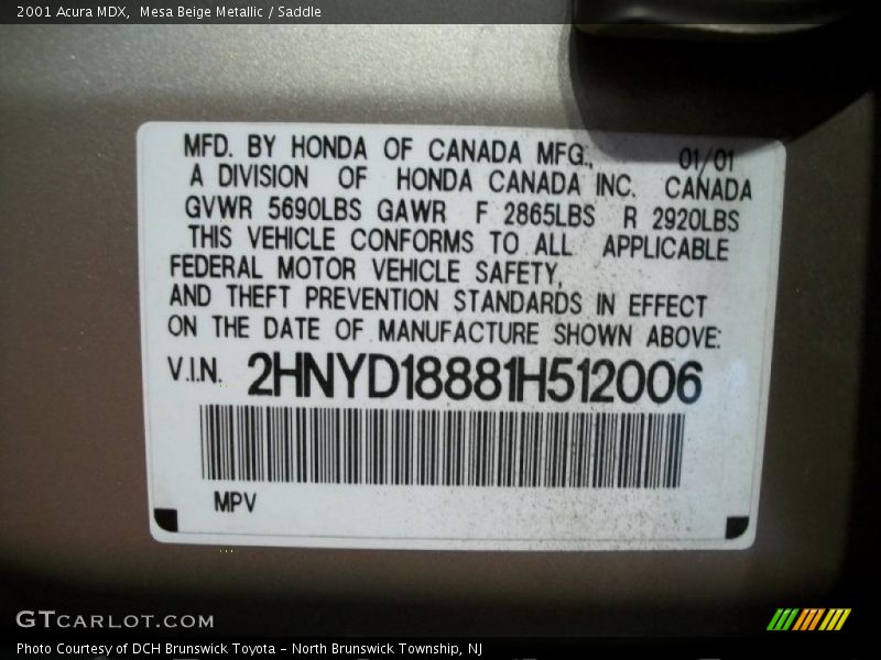 Mesa Beige Metallic / Saddle 2001 Acura MDX