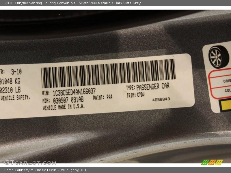 Silver Steel Metallic / Dark Slate Gray 2010 Chrysler Sebring Touring Convertible
