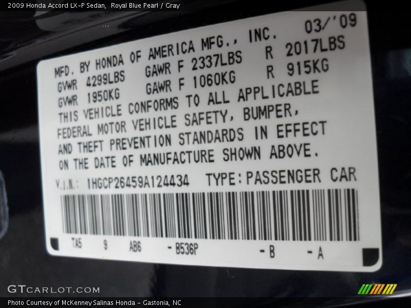 Royal Blue Pearl / Gray 2009 Honda Accord LX-P Sedan