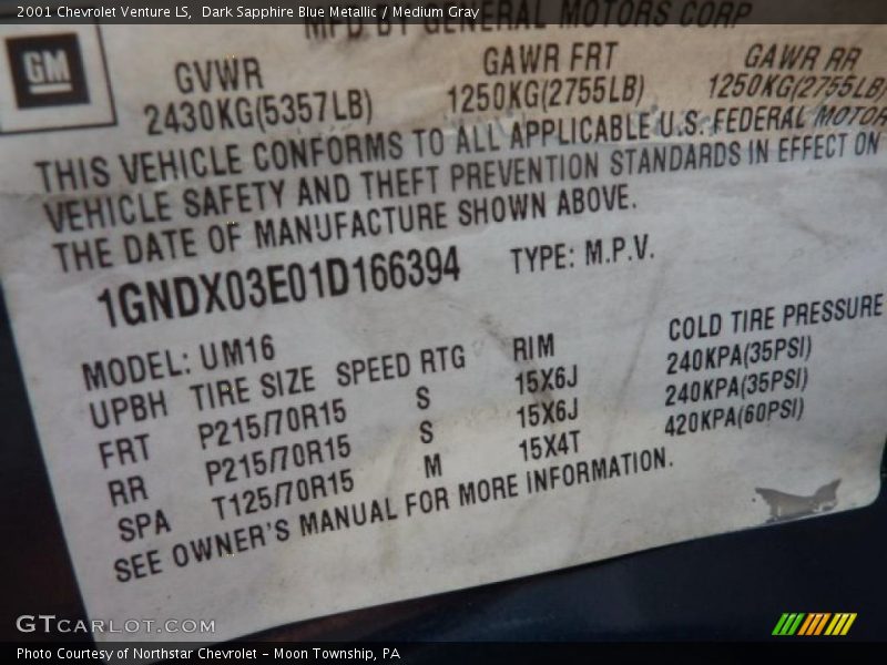 Dark Sapphire Blue Metallic / Medium Gray 2001 Chevrolet Venture LS