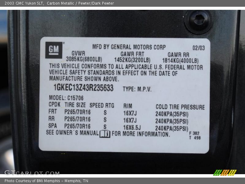 Info Tag of 2003 Yukon SLT