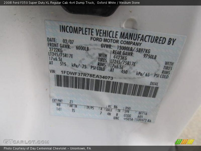 2008 F350 Super Duty XL Regular Cab 4x4 Dump Truck Oxford White Color Code Z1