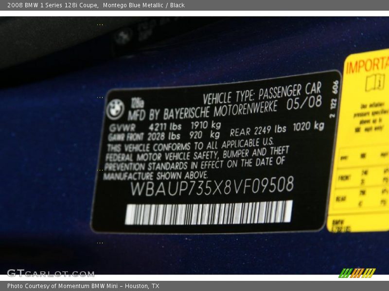 Montego Blue Metallic / Black 2008 BMW 1 Series 128i Coupe