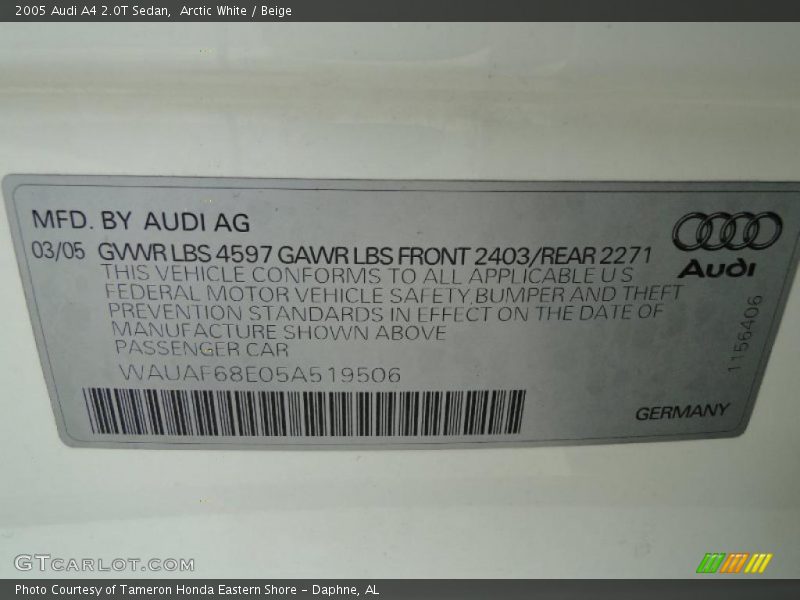 Arctic White / Beige 2005 Audi A4 2.0T Sedan
