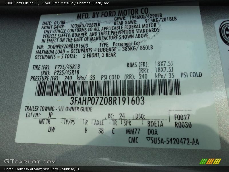 Silver Birch Metallic / Charcoal Black/Red 2008 Ford Fusion SE
