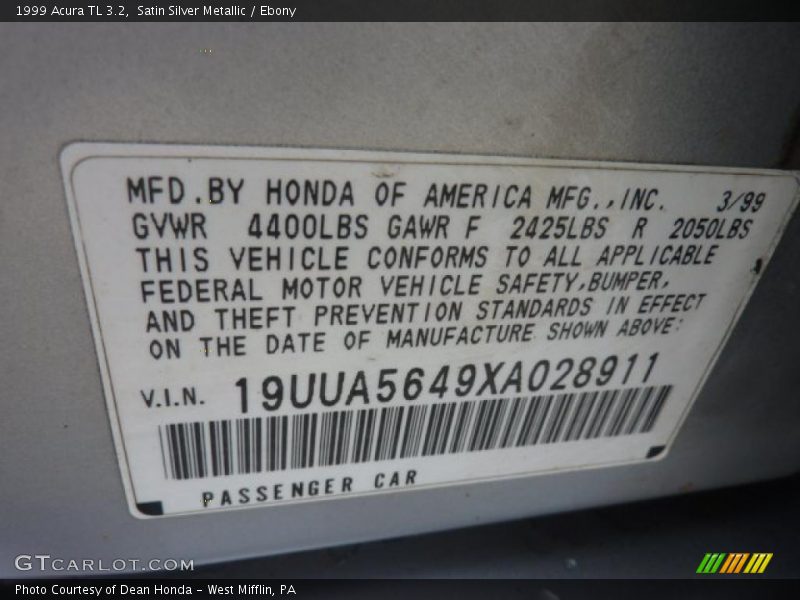 Satin Silver Metallic / Ebony 1999 Acura TL 3.2