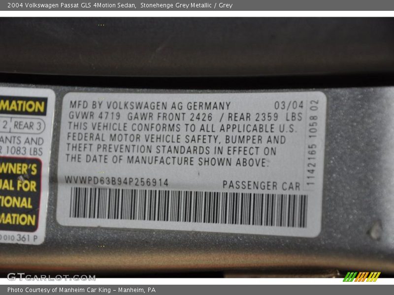 Stonehenge Grey Metallic / Grey 2004 Volkswagen Passat GLS 4Motion Sedan