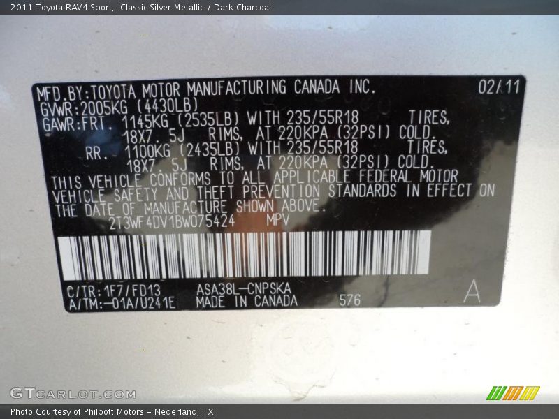 2011 RAV4 Sport Classic Silver Metallic Color Code 1F7