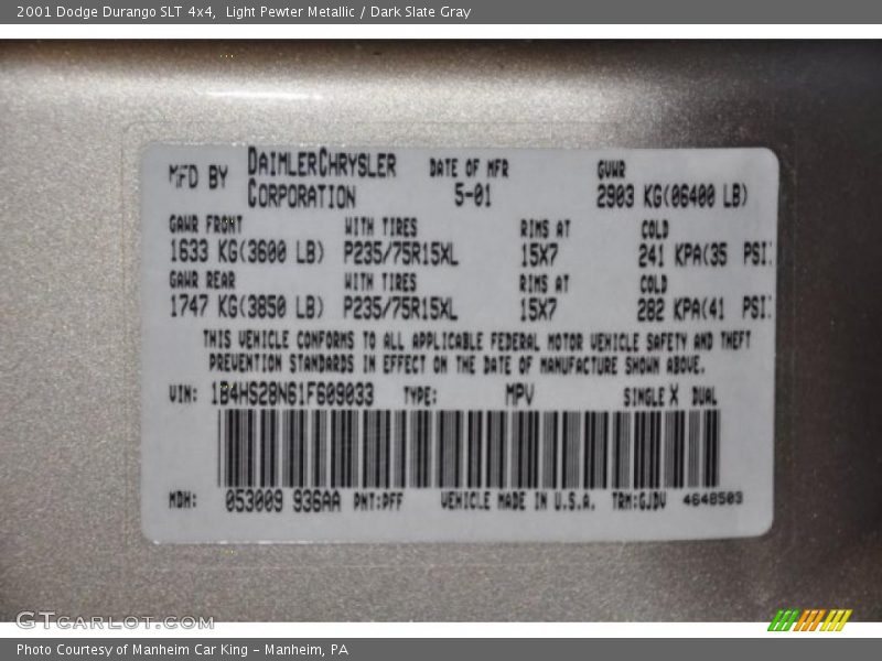 Light Pewter Metallic / Dark Slate Gray 2001 Dodge Durango SLT 4x4