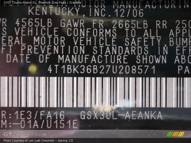 Phantom Gray Pearl / Graphite 2007 Toyota Avalon XL