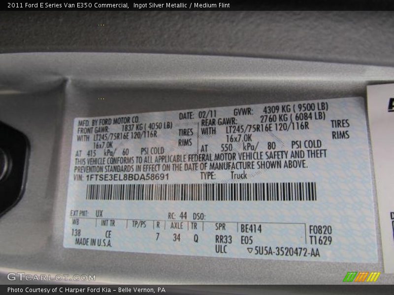2011 E Series Van E350 Commercial Ingot Silver Metallic Color Code UX