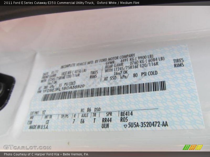 2011 E Series Cutaway E350 Commercial Utility Truck Oxford White Color Code YZ