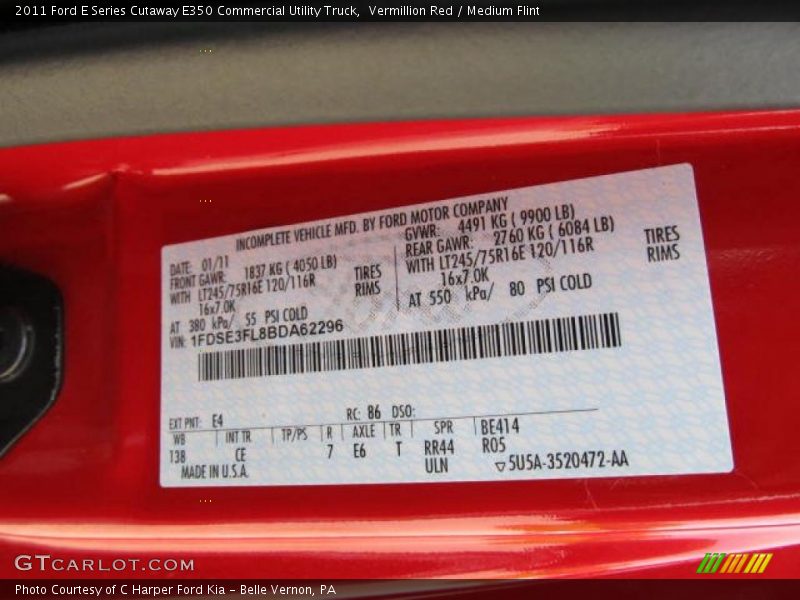 2011 E Series Cutaway E350 Commercial Utility Truck Vermillion Red Color Code E4