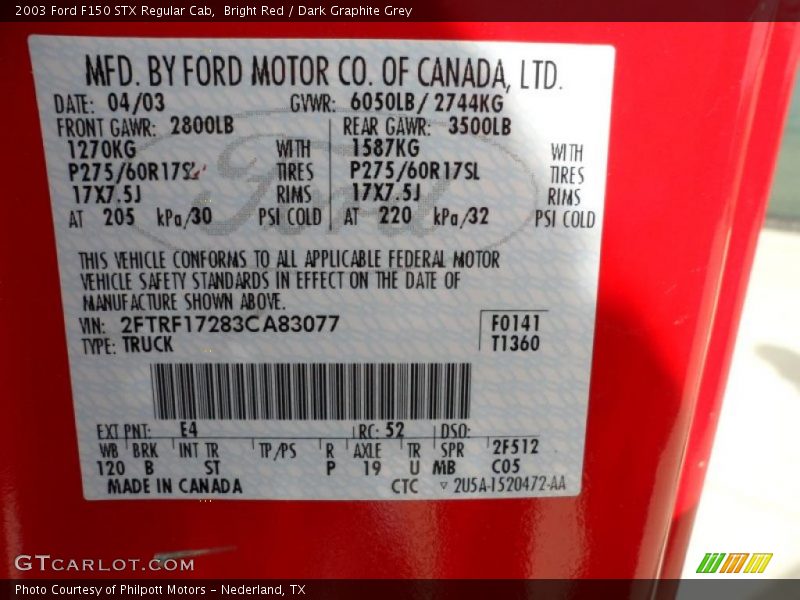 2003 F150 STX Regular Cab Bright Red Color Code E4