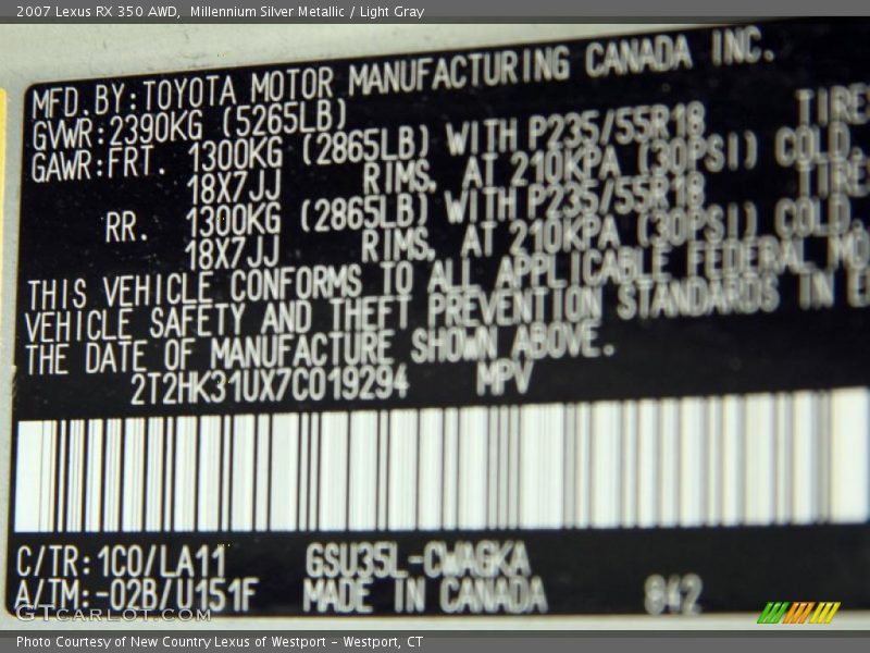 Millennium Silver Metallic / Light Gray 2007 Lexus RX 350 AWD