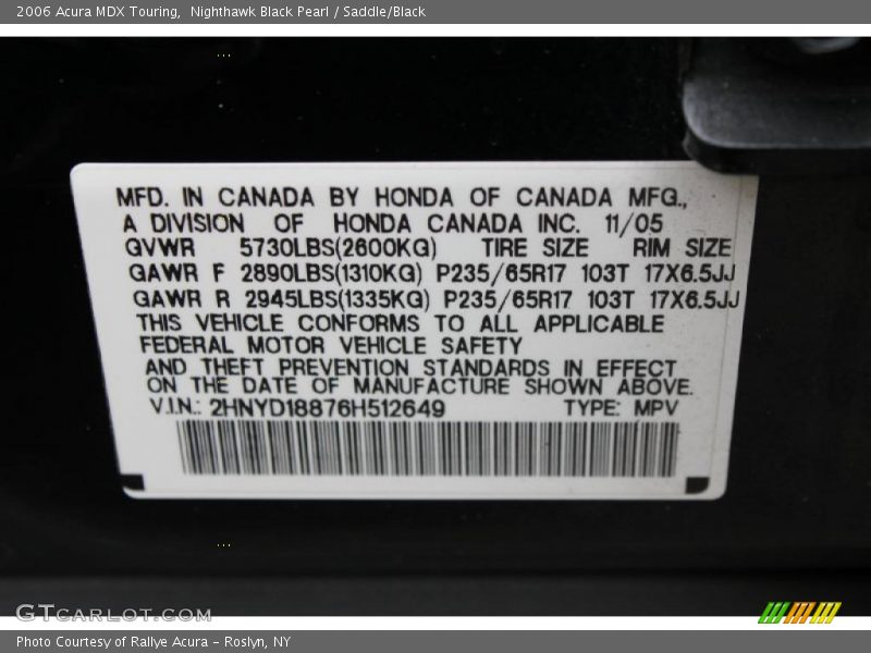 Nighthawk Black Pearl / Saddle/Black 2006 Acura MDX Touring