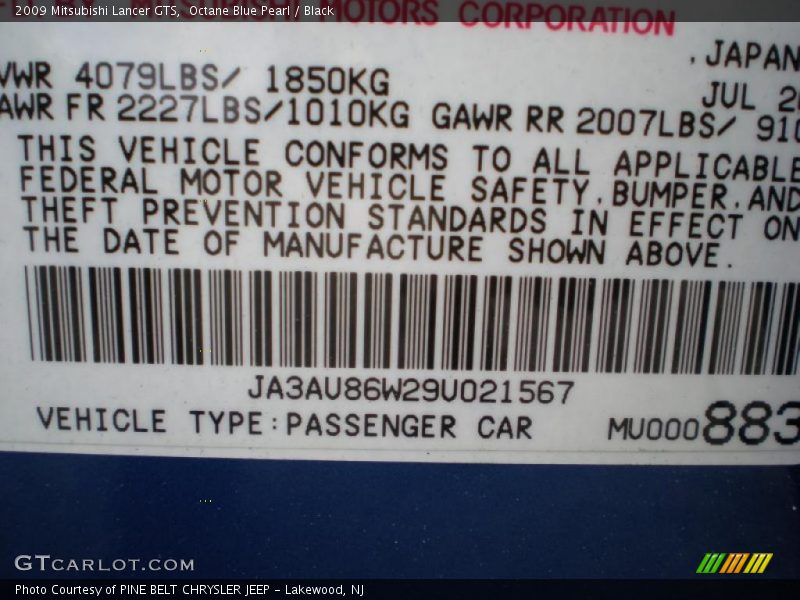 Octane Blue Pearl / Black 2009 Mitsubishi Lancer GTS