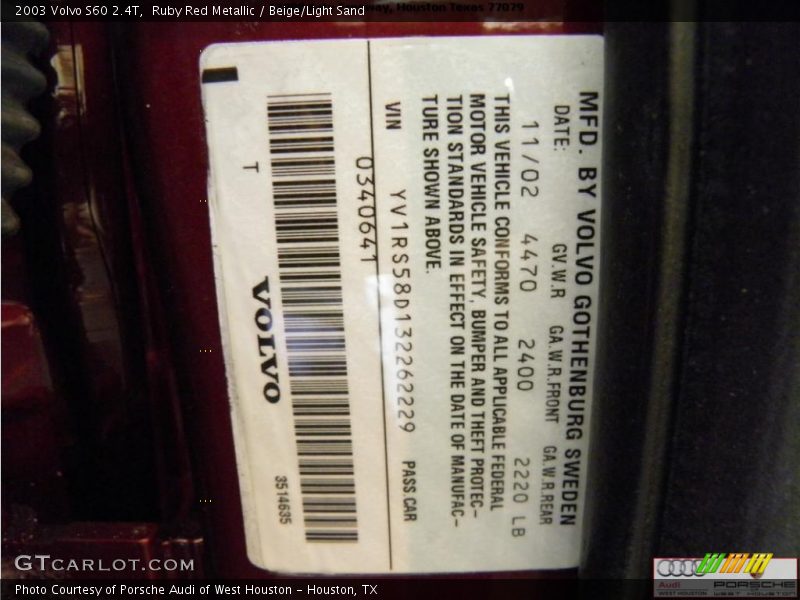 Ruby Red Metallic / Beige/Light Sand 2003 Volvo S60 2.4T