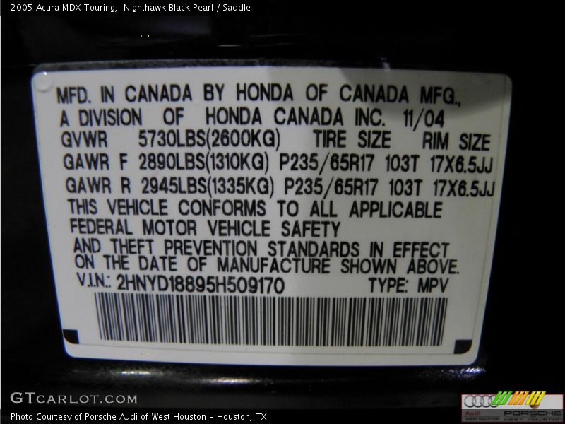 Nighthawk Black Pearl / Saddle 2005 Acura MDX Touring
