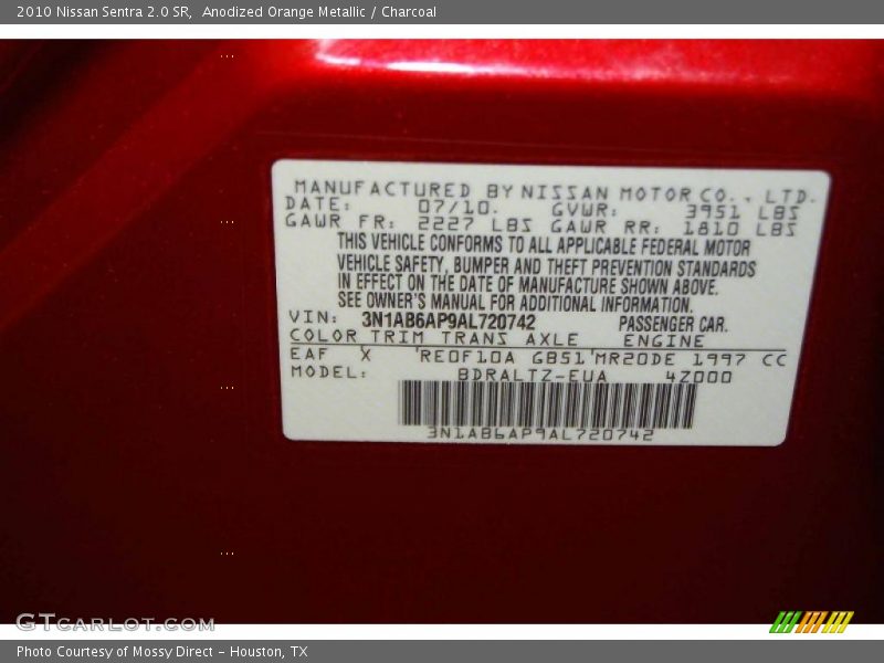 Anodized Orange Metallic / Charcoal 2010 Nissan Sentra 2.0 SR