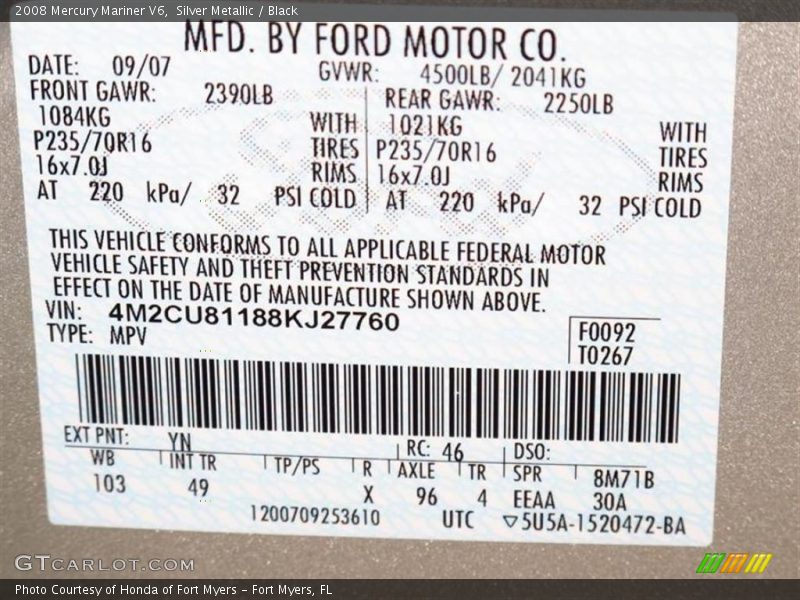 Silver Metallic / Black 2008 Mercury Mariner V6