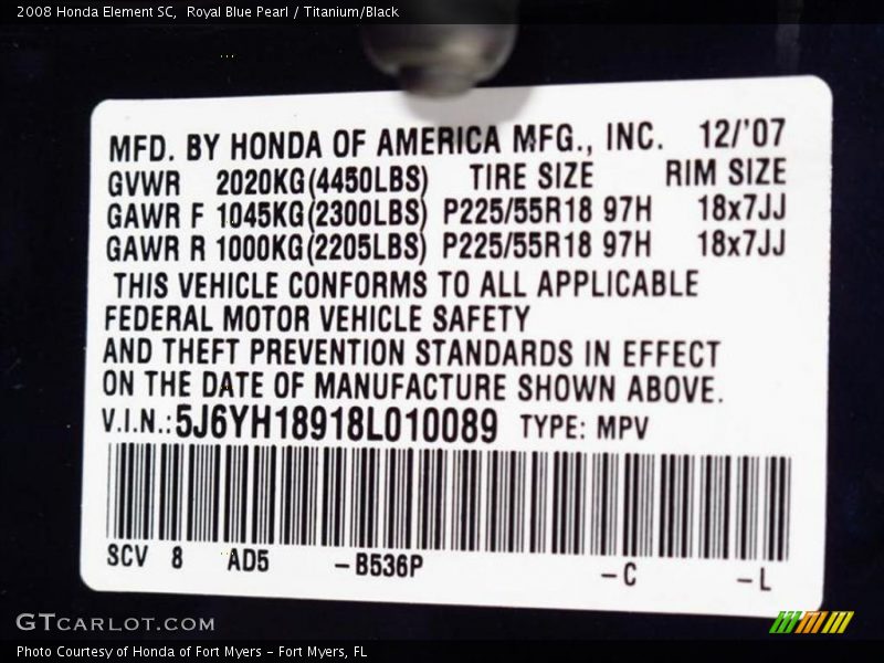 Royal Blue Pearl / Titanium/Black 2008 Honda Element SC