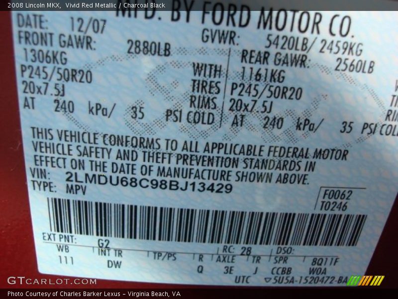 Vivid Red Metallic / Charcoal Black 2008 Lincoln MKX