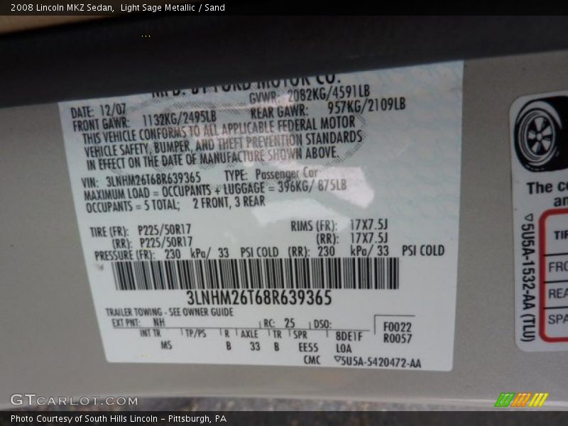 Light Sage Metallic / Sand 2008 Lincoln MKZ Sedan