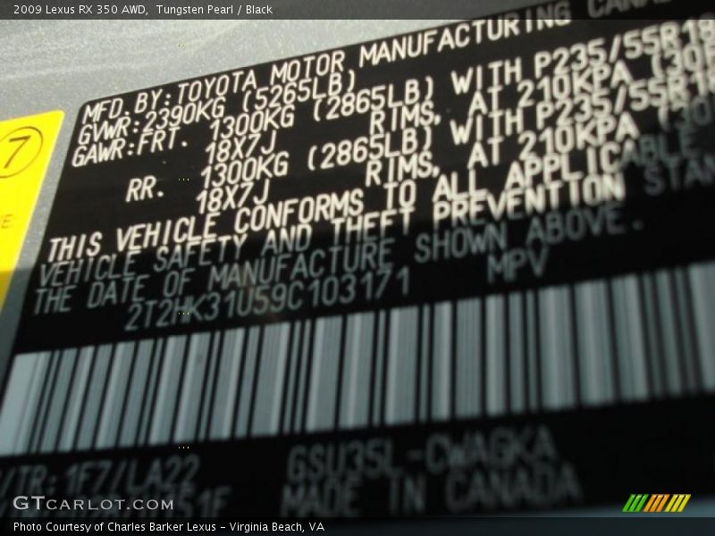 Tungsten Pearl / Black 2009 Lexus RX 350 AWD