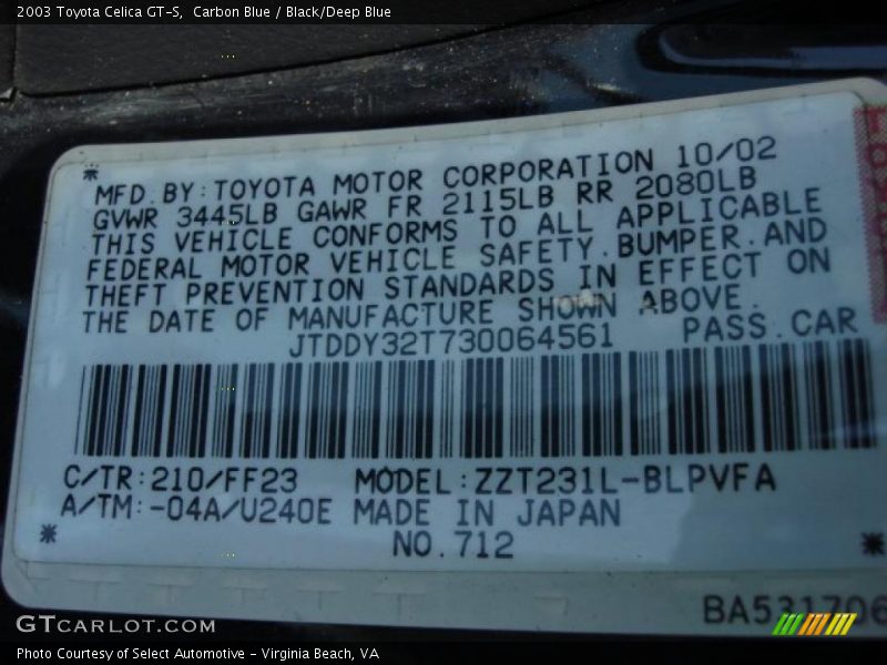 Carbon Blue / Black/Deep Blue 2003 Toyota Celica GT-S