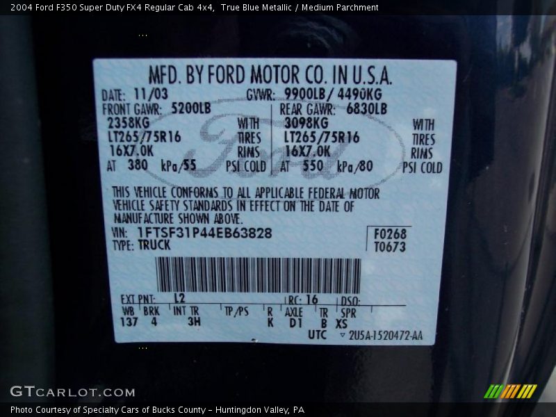 2004 F350 Super Duty FX4 Regular Cab 4x4 True Blue Metallic Color Code L2