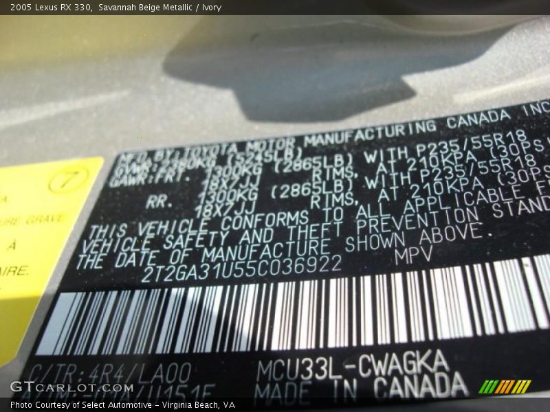 Savannah Beige Metallic / Ivory 2005 Lexus RX 330