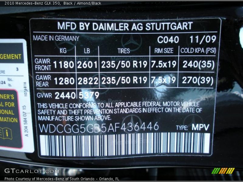 Black / Almond/Black 2010 Mercedes-Benz GLK 350