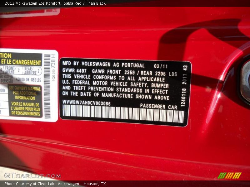 Salsa Red / Titan Black 2012 Volkswagen Eos Komfort