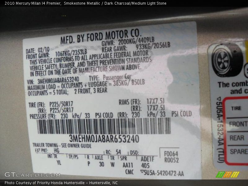 Smokestone Metallic / Dark Charcoal/Medium Light Stone 2010 Mercury Milan I4 Premier