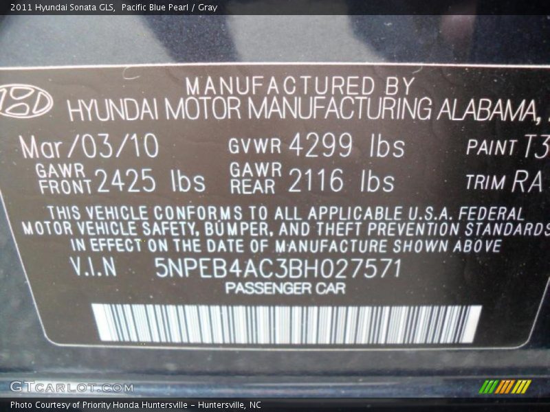Pacific Blue Pearl / Gray 2011 Hyundai Sonata GLS
