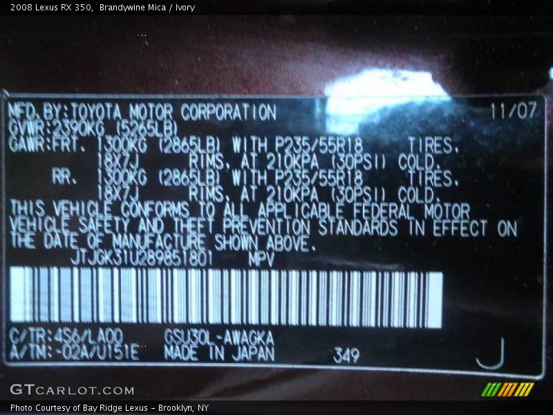 2008 RX 350 Brandywine Mica Color Code 4S6