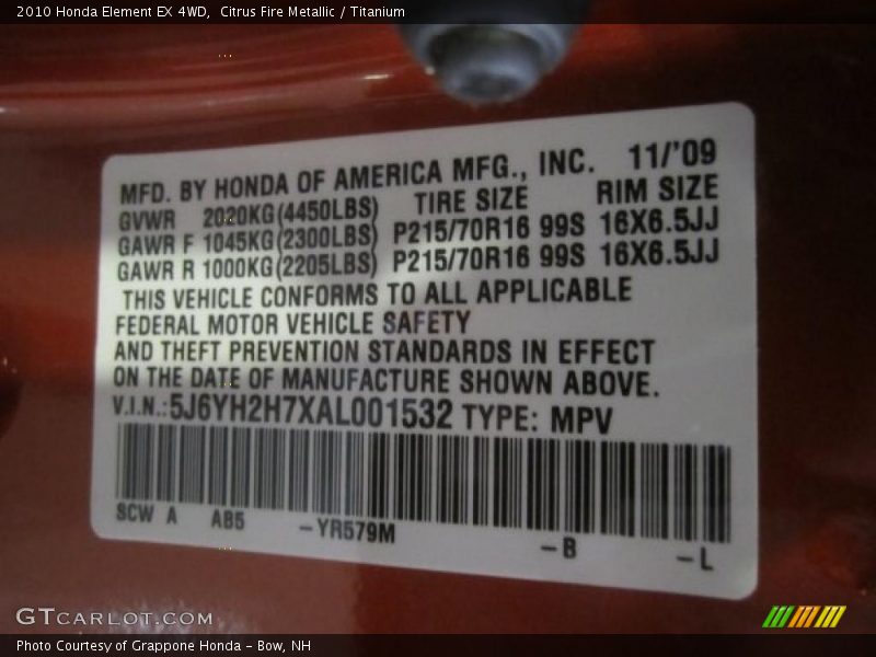 2010 Element EX 4WD Citrus Fire Metallic Color Code YR579M