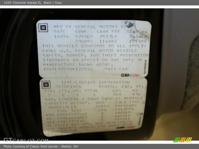 Info Tag of 1995 Impala SS