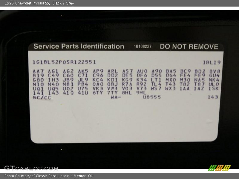 Info Tag of 1995 Impala SS