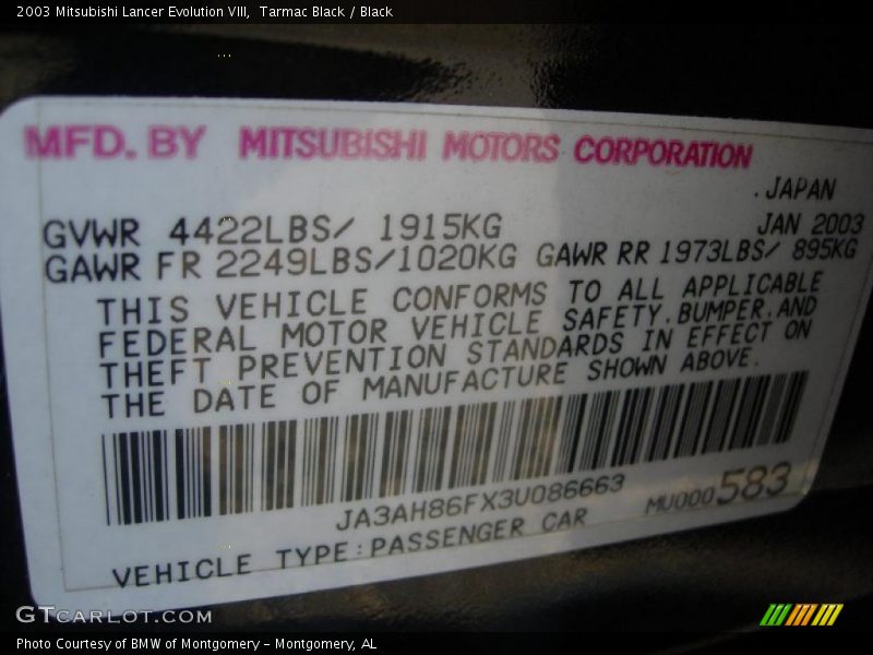 Tarmac Black / Black 2003 Mitsubishi Lancer Evolution VIII