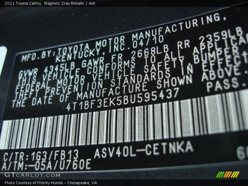 Magnetic Gray Metallic / Ash 2011 Toyota Camry