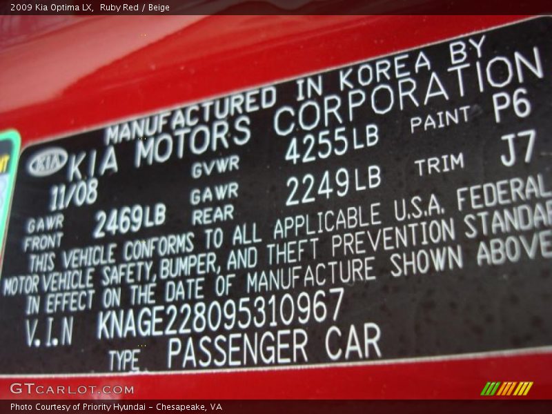 Ruby Red / Beige 2009 Kia Optima LX