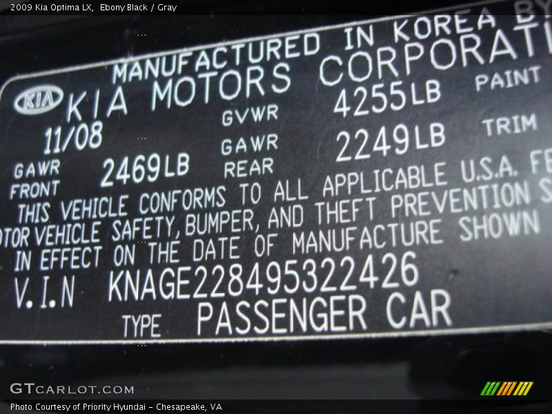 Ebony Black / Gray 2009 Kia Optima LX