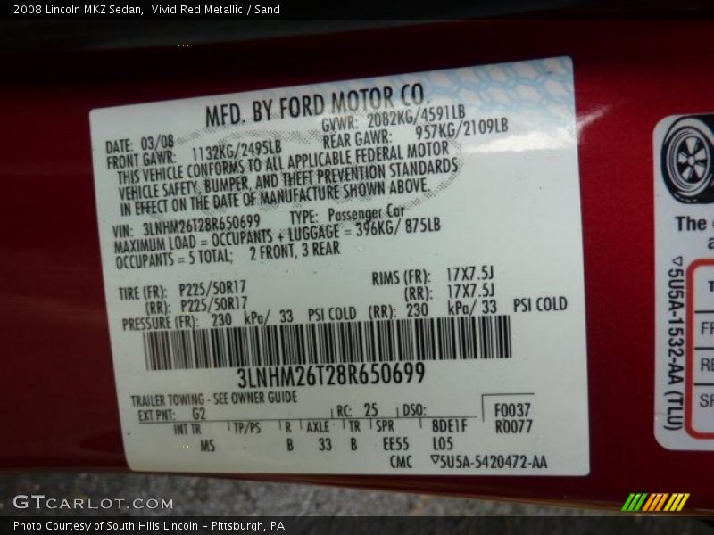 Vivid Red Metallic / Sand 2008 Lincoln MKZ Sedan